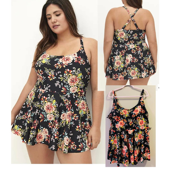torrid Other - Torrid 3 (3X) Black Floral Short Length Wireless‎ Padded Swim Dress Swimsuit New